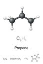 Propene, propylene, molecule model, molecular and chemical formula