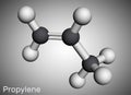 Propene, propylene molecule. Molecular model.