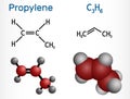 Propene, propylene molecule. Structural chemical formula, molecule model.