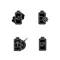 Proper battery usage black glyph icons set on white space