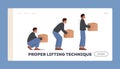 Proper Lifting Technique Landing Page Template. Correct Lift of Heavy Box Concept. Man Stand Up with Cardboard Package Royalty Free Stock Photo