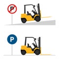 Properly parking the forklift on flat surfaces and not on slopes. Safety in handling a fork lift truck. Security First. Accident Royalty Free Stock Photo