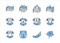 Properties of diapers flat line icon set blue color. Vector illustration breathability, moisture resistance, odor