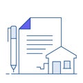 Property Agreement, Real Estate Contract. The contract icon featuring a document, house, and pen represents property agreements