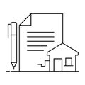 Property Agreement, Real Estate Contract. The contract icon featuring a document, house, and pen represents property agreements