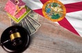 Property auction, flag Florida, gavel wooden and model house on wooden background, lawyer of home real estate