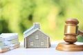 Property auction, Gavel wooden and model house on natural green background, lawyer of home real estate and ownership property