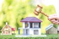 Property auction, Woman hand holding gavel wooden and model house on natural green background, lawyer of home real estate and Royalty Free Stock Photo