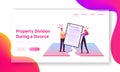 Property Division Process Landing Page Template. Divorced Husband and Wife Characters Pulling Huge Marriage Contract