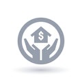 Property home loan icon with hands, house and dollar symbol