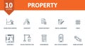 Property icon set. Contains editable icons real estate theme such as house price growth, house contract, fence and more. Royalty Free Stock Photo