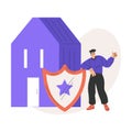 Property Insurance with Happy Man Character with House and Shield Vector Illustration