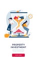 Property investment banner. Couple of investors buy a house, await for generating profit from long-term investing. Make