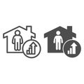 Property investment growth line and solid icon. Home with person and success upward arrow symbol outline style pictogram Royalty Free Stock Photo