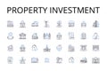Property investment line icons collection. Real estate, Land purchase, Home buying, Asset acquisition, Investment