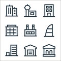 property line icons. linear set. quality vector line set such as bank, garage, office block, high tower, factory, office building