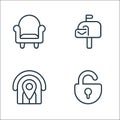 Property line icons. linear set. quality vector line set such as open padlock, house, mailbox