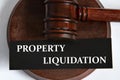 PROPERTY LIQUIDATION - words on a black sheet against the background of a judge\'s gavel