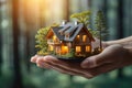 Property market theme Hands holding miniature house symbolize buying/selling