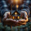 Property market theme Hands holding miniature house symbolize buying/selling