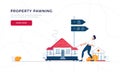 Property pawning template for landing page. Man drags a home to the bank for house re-mortgage with getting cash out