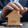 Property safeguarded Businessman protects wooden home model with his hand Royalty Free Stock Photo