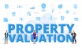 Property valuation concept with big words and people surrounded by related icon with blue color style