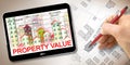 PROPERTY VALUE OF A BUILDING - Concept with an imaginary cadastral map an 3D rendering of a digital tablet wito a cityscape - Note