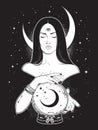 Prophetess with third eye reading magic crystal ball with crescent moon line art and dot work. Boho chic tattoo, poster, tapestry Royalty Free Stock Photo