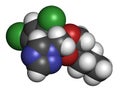 Propiconazole antifungal molecule triazole class. 3D rendering. Atoms are represented as spheres with conventional color coding.