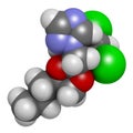 Propiconazole antifungal molecule (triazole class). 3D rendering. Atoms are represented as spheres with conventional color coding