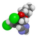 Propiconazole antifungal molecule (triazole class). 3D rendering. Atoms are represented as spheres with conventional color coding