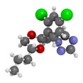Propiconazole antifungal molecule (triazole class). 3D rendering. Atoms are represented as spheres with conventional color coding
