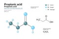 Propionic Propanoic acid. Naturally occurring carboxylic acid. C3H6O2. Structural Chemical Formula and Molecule 3d Model