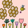 Propolis honey hand drawn vector illustration in cartoon comic style bee gathering nectar flowers blooming