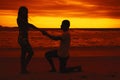 Proposal of marriage of a kneeling man on sunset Royalty Free Stock Photo