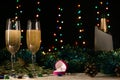 Proposal to get married on New Year`s or Christmas night. The concept of a new life in the new year. Two glasses of champagne and Royalty Free Stock Photo