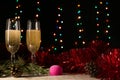 Proposal to get married on New Year`s or Christmas night. The concept of a new life in the new year. Two glasses of champagne.