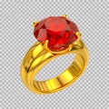 Propose Day Luxurious gold ring with large faceted red ruby gemstone 3d render Royalty Free Stock Photo