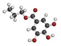 Propyl gallate antioxidant food additive molecule. 3D rendering. Atoms are represented as spheres with conventional color coding:.