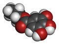 Propyl gallate antioxidant food additive molecule. 3D rendering. Atoms are represented as spheres with conventional color coding:.