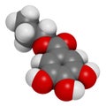 Propyl gallate antioxidant food additive molecule. 3D rendering. Atoms are represented as spheres with conventional color coding: