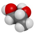 Propylene glycol 1,2-propanediol molecule. Used as solvent in pharmaceutical drugs, as food additive, in de-icing solutions, etc