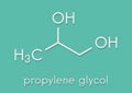 Propylene glycol (1,2-propanediol) molecule. Used as solvent in pharmaceutical drugs, as food additive, in de-icing solutions, etc
