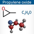 Propylene oxide molecule. Structural chemical formula and molecule model.