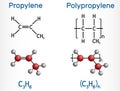 Propylene (propene) and polypropylene (PP, polypropene) molecule. Structural chemical formula, molecule model