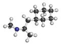 Propylhexedrine molecule. Used as nasal decongestant and stimulant. 3D rendering. Atoms are represented as spheres with