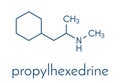 Propylhexedrine molecule. Used as nasal decongestant and stimulant. Skeletal formula.