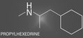 Propylhexedrine molecule. Used as nasal decongestant and stimulant. Skeletal formula.