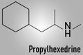 Propylhexedrine molecule. Used as nasal decongestant and stimulant. Skeletal formula.